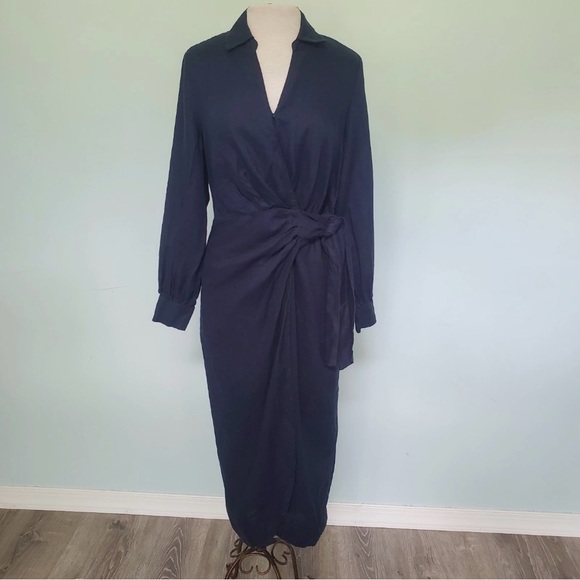 Magaschoni Dresses & Skirts - Magaschoni Wrap Dress Navy Blue 100% Linen Shirt Long Sleeve Classic Tie Waist